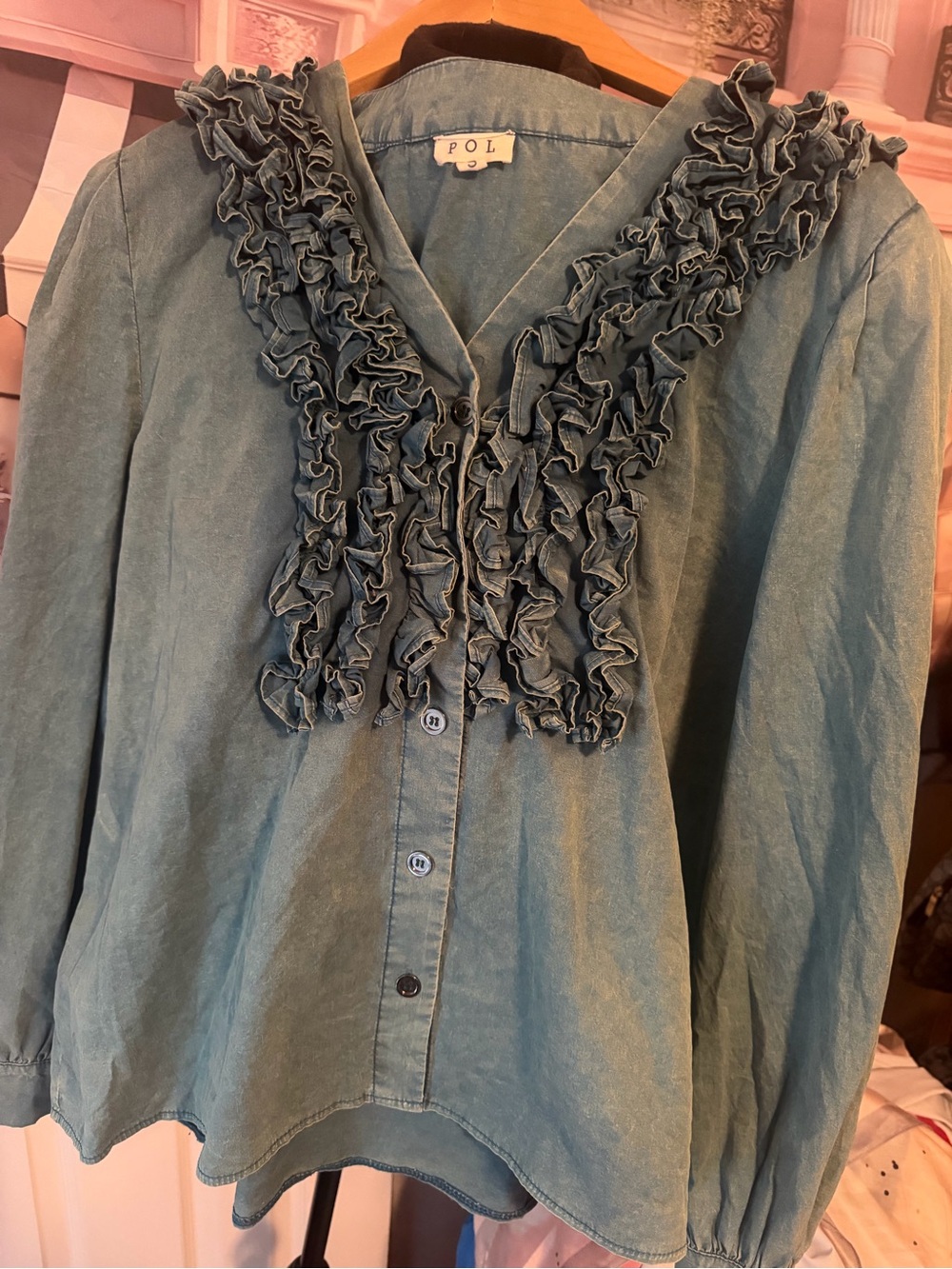 POL Teal Ruffled Button-Down Blouse